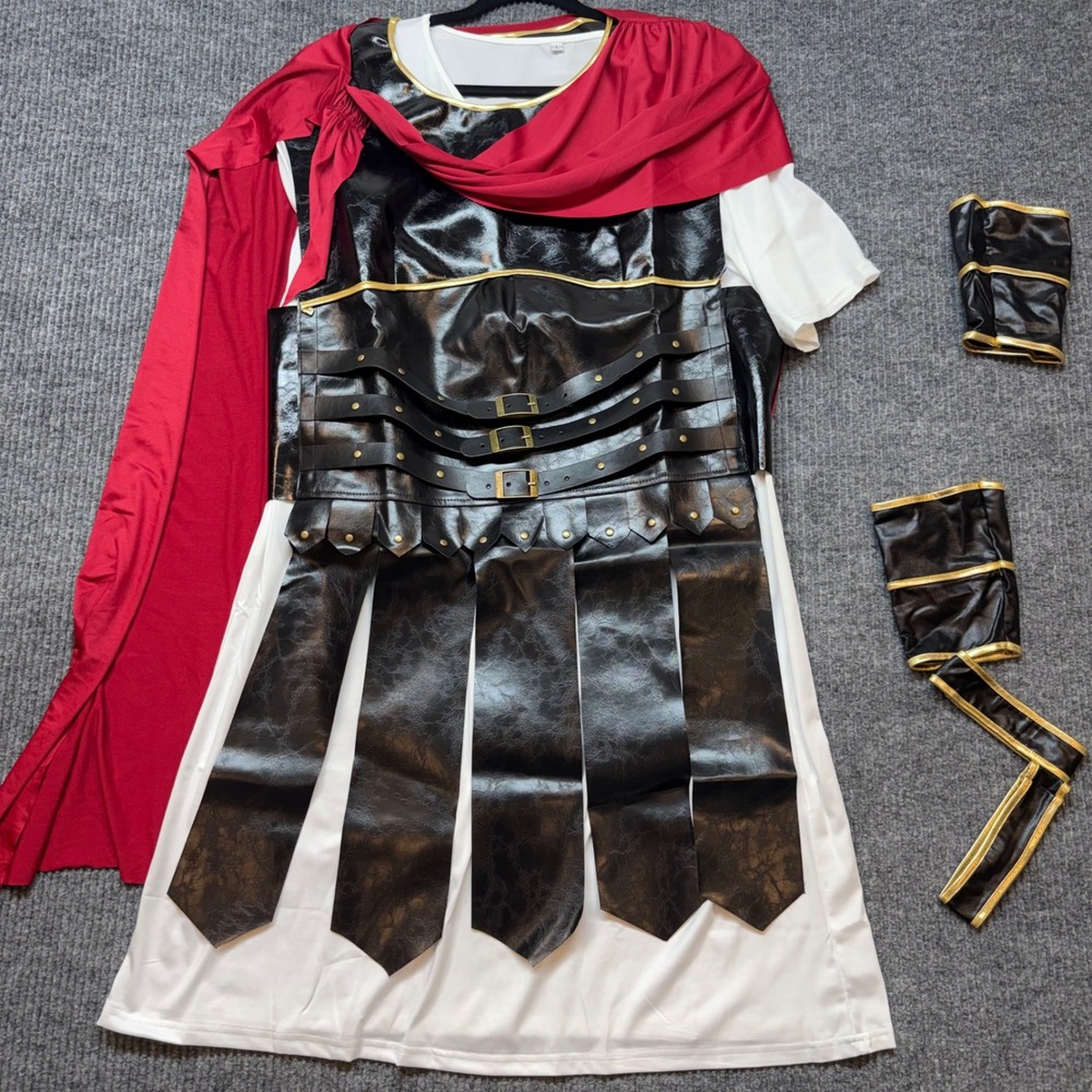 Mens Spartan Gladiator Costume Set Tunic Armor Red Cape Warrior Outfit NEW